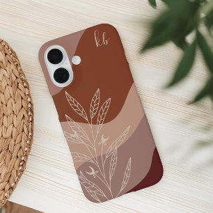 Donkere terracotta Boho Colflow botanische monogra iPhone 16 Hoesje