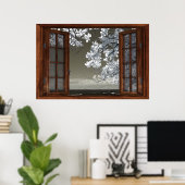 Donkere tinten Open French Window White Blossom Ui Poster (Thuiskantoor)