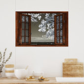 Donkere tinten Open French Window White Blossom Ui Poster (Keuken)