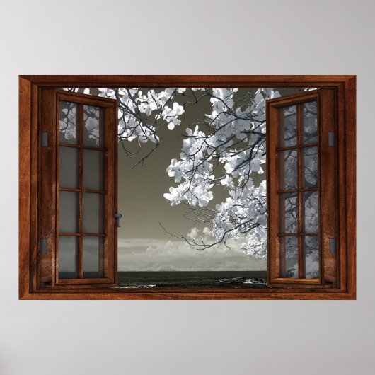 Donkere tinten Open French Window White Blossom Ui Poster (Voorkant)