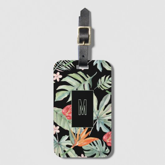 Donkere Tropen Bloem Bladgroen Fantasie met Monogr Bagagelabel (Voorkant (verticaal))