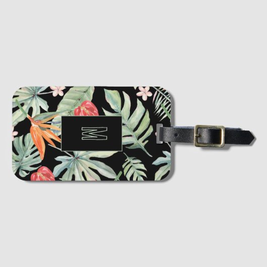 Donkere Tropen Bloem Bladgroen Fantasie met Monogr Bagagelabel (Voorkant (horizontaal))