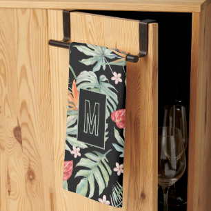 Donkere Tropen Bloem Bladgroen Fantasie met Monogr Theedoek