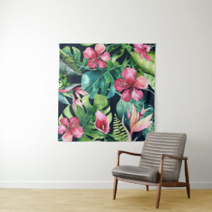Donkere Tropische Hibiscus Bloemrijke Paradijs Ach Wandkleed