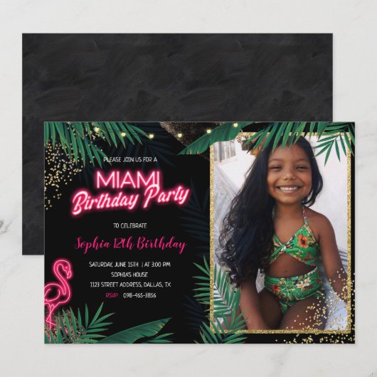 Donkere Tropische Miami Birthday Party met foto Kaart (Voorkant / Achterkant)
