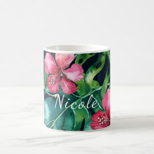 Donkere Tropische Palmbladeren Hibiscus Bloemig Ei Koffiemok