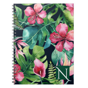 Donkere Tropische Palmbladeren Hibiscus Bloemig Ei Notitieboek