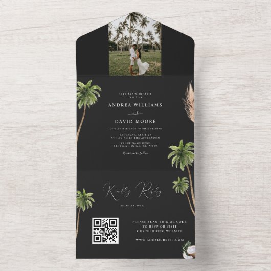 Donkere tropische palmboom QR-code RSVP-huwelijk All In One Uitnodiging (Binnen)
