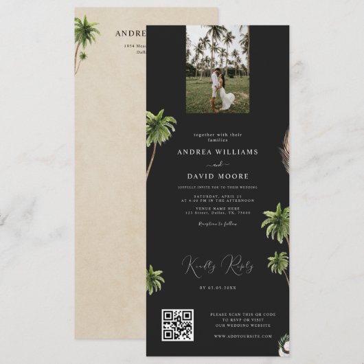 Donkere tropische palmboom QR-code RSVP-huwelijk Kaart (Voorkant / Achterkant)