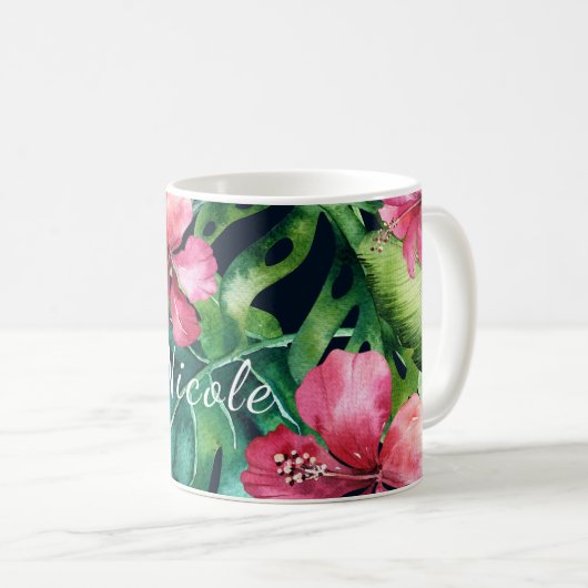 Donkere tropische palmen verliezen Hibiscus Floral Koffiemok (Voorkant rechts)
