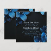 Donkere trouwuitnodigingskaart glitter blauwe bloe save the date (Voorkant / Achterkant)