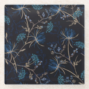 Donkere tuin: Monotone Blauwe Bloemen Glazen Onderzetter