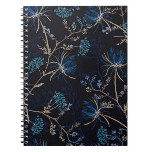 Donkere tuin: Monotone Blauwe Bloemen Notitieboek