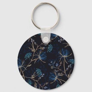 Donkere tuin: Monotone Blauwe Bloemen Sleutelhanger
