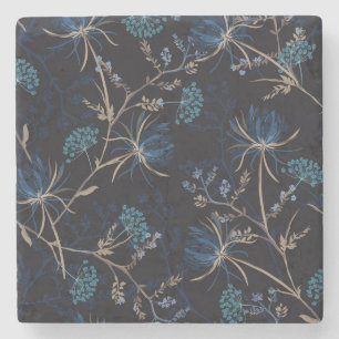 Donkere tuin: Monotone Blauwe Bloemen Stenen Onderzetter