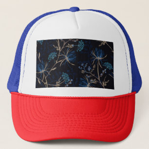 Donkere tuin: Monotone Blauwe Bloemen Trucker Pet