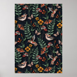 Donkere tuinvogels en vlinders poster