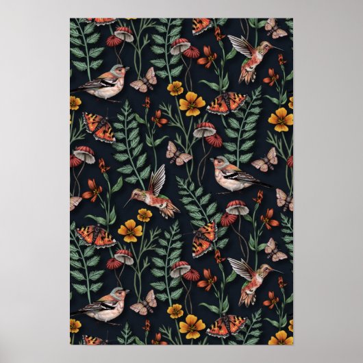 Donkere tuinvogels en vlinders poster (Voorkant)
