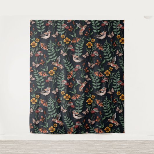 Donkere tuinvogels en vlinders wandkleed (Voorkant)