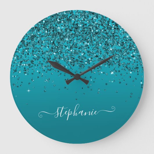 Donkere Turquoise Glittery Gradient Girly Calligra Grote Klok (Voorkant)