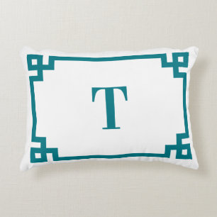 Donkere Turquoise Griekse Sleutelrand Monogram Accent Kussen