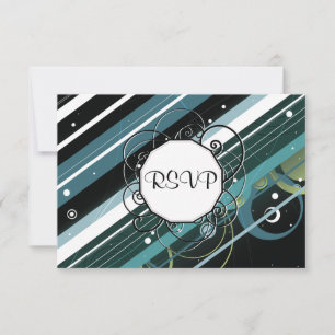 Donkere Turquoise Modern-Retro Stripes met monogra RSVP Kaartje