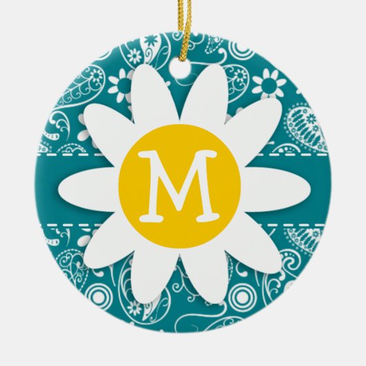 Donkere Turquoise Paisley; Daisy Keramisch Ornament (Voorkant)