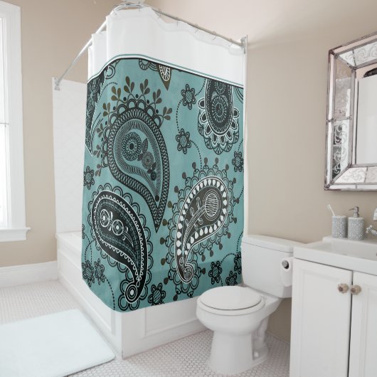 Donkere turquoise paisley douchegordijn (In situ)