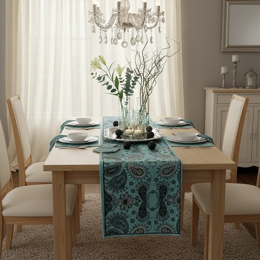 Donkere turquoise paisley korte tafelloper