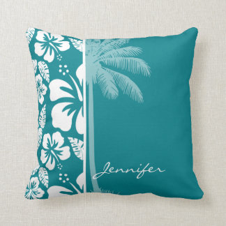 Donkere turquoise tropische hibiscus; palm kussen