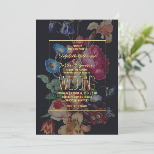 Donkere  uitnodiging voor het huwelijk van Floral (Staand voorkant)