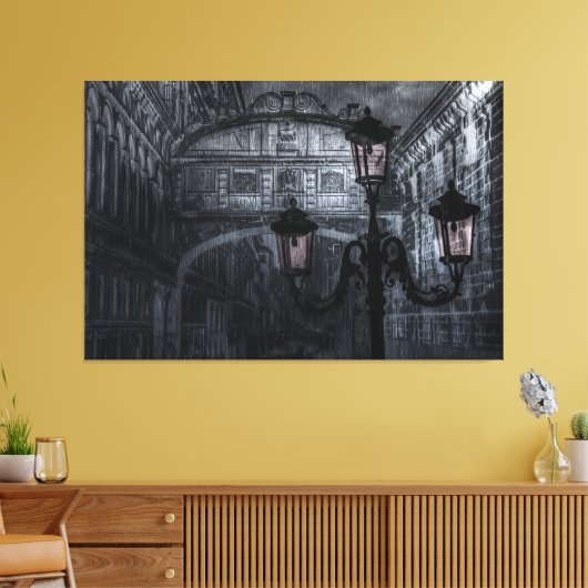 Donkere Venice Rain Bridge of Sighs bij nacht Canvas Afdruk (Insitu (Woonkamer))