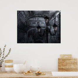 Donkere Venice Rain Bridge of Sighs bij nacht Poster