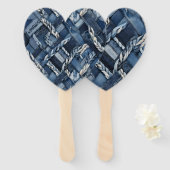 Donkere versleten denim patchwork en vlechten handwaaier (Voorkant en achterkant)