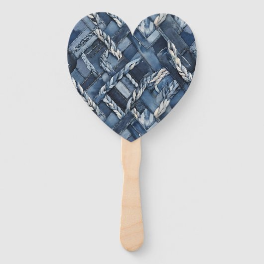 Donkere versleten denim patchwork en vlechten handwaaier (Voorkant)