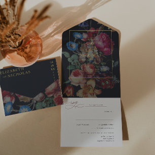 Donkere Vintage Bloemen   Bruiloft  All In One Uitnodiging