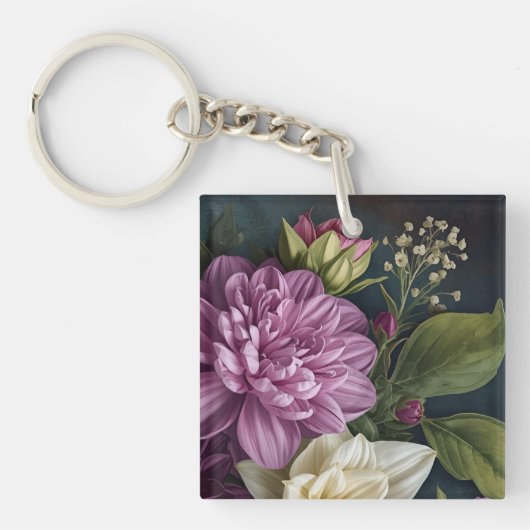 Donkere Vintage Bloemen Sleutelhanger (Voorkant)