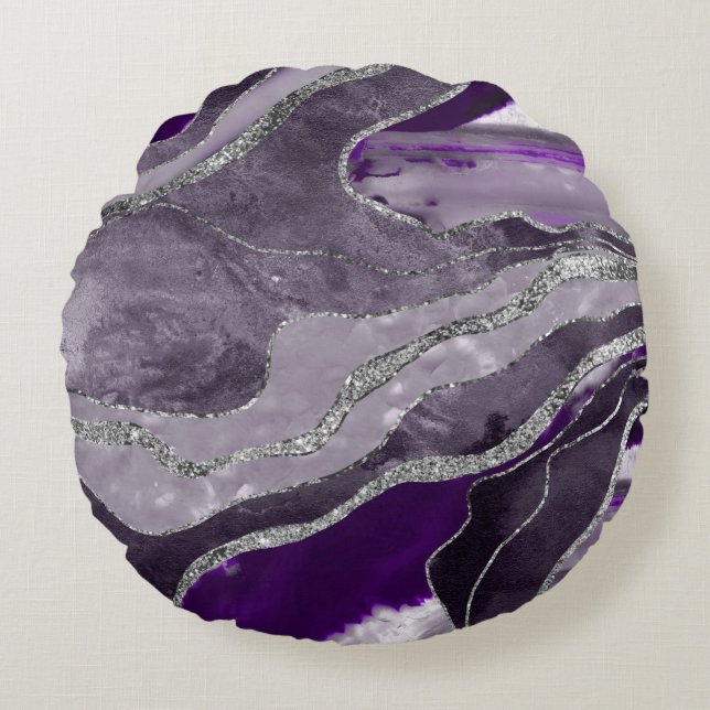 Donkere Violet Marble Agate Silver Glitter Glam #1 Rond Kussen (Voorkant)