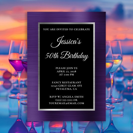 Donkere Violet Paars Silver Foil Black 50th Birthd Kaart