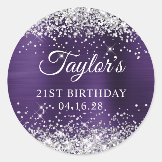 Donkere Violet Silver Glittery Folie 21st verjaard Ronde Sticker (Voorkant)