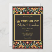 Donkere volkskunst bruiloft uitnodiging, gouden sc kaart (Voorkant)