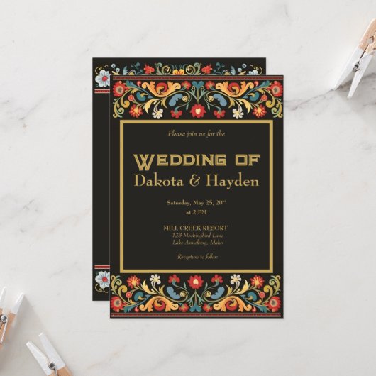 Donkere volkskunst bruiloft uitnodiging, gouden sc kaart (Voorkant / Achterkant in situ)