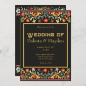 Donkere volkskunst bruiloft uitnodiging, gouden sc kaart (Voorkant / Achterkant)