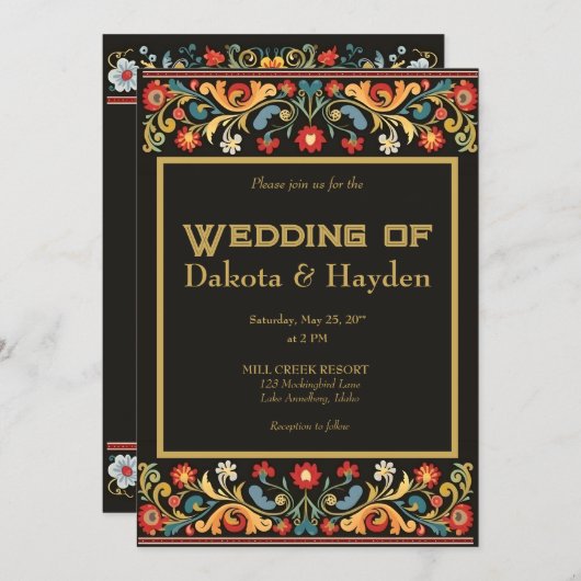Donkere volkskunst bruiloft uitnodiging, gouden sc kaart (Voorkant / Achterkant)