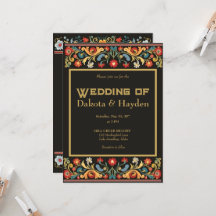 Donkere volkskunst bruiloft uitnodiging, gouden sc