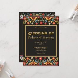 Donkere volkskunst bruiloft uitnodiging, gouden sc kaart
