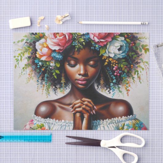 Donkere Vrouw Bidt Bloemenportret Tissuepapier (Craft)