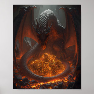 Donkere Vuurdraak Bewaakt Schat – Fantasie Kunst Poster
