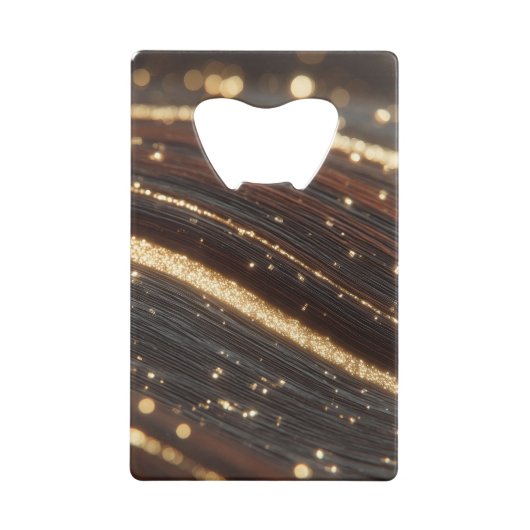 Donkere walnoot houtnerf met sprankelende gouden r creditkaart flessenopener (Achterkant)