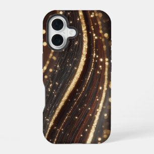 Donkere walnoot houtnerf met sprankelende gouden r iPhone 16 hoesje